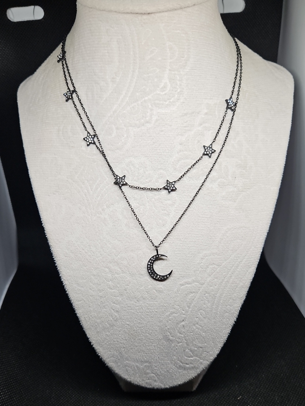 Sterling-Inspired Black Star & Crescent Layered Necklace